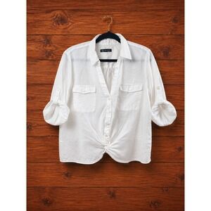 INC Womens Large White 100% Linen Button Front Blouse Roll Tab Sleeve Pockets